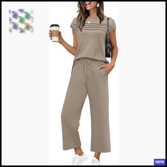 Two Piece Matching Set Cap Sleeve Top Wide Leg Pants Lounge Travel Outfit